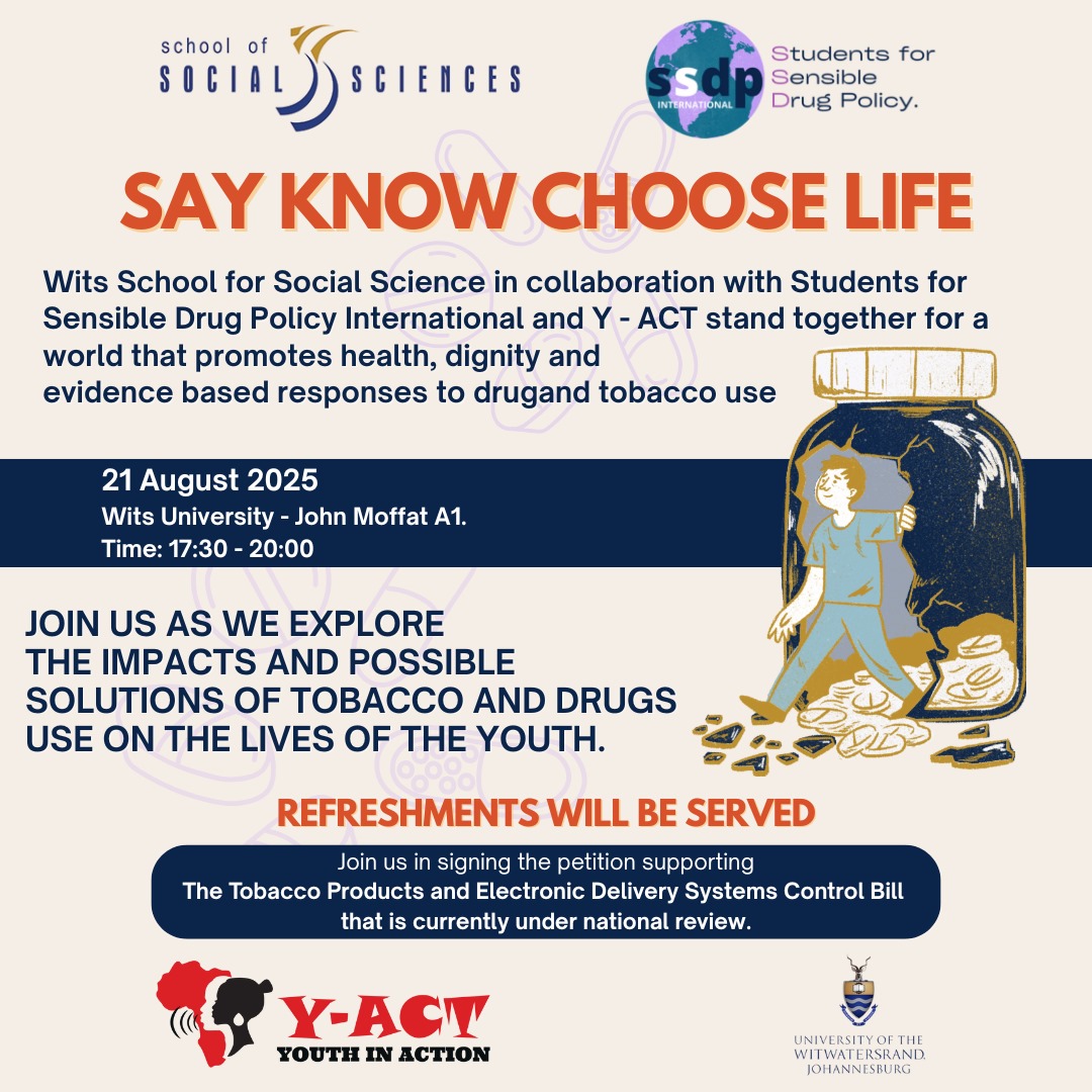 SSDPIntl's tweet image. Say KNOW, Choose Life

Join us for a youth-focused health talk on tackling tobacco &amp;amp; drug use — and finding real solutions.

Wits University
21 Aug 2025 | 17:30 – 20:00
Refreshments served

Let’s build a healthier future — together.

#SayKnowChooseLife #Y-Act #SSDP #WitsTalks