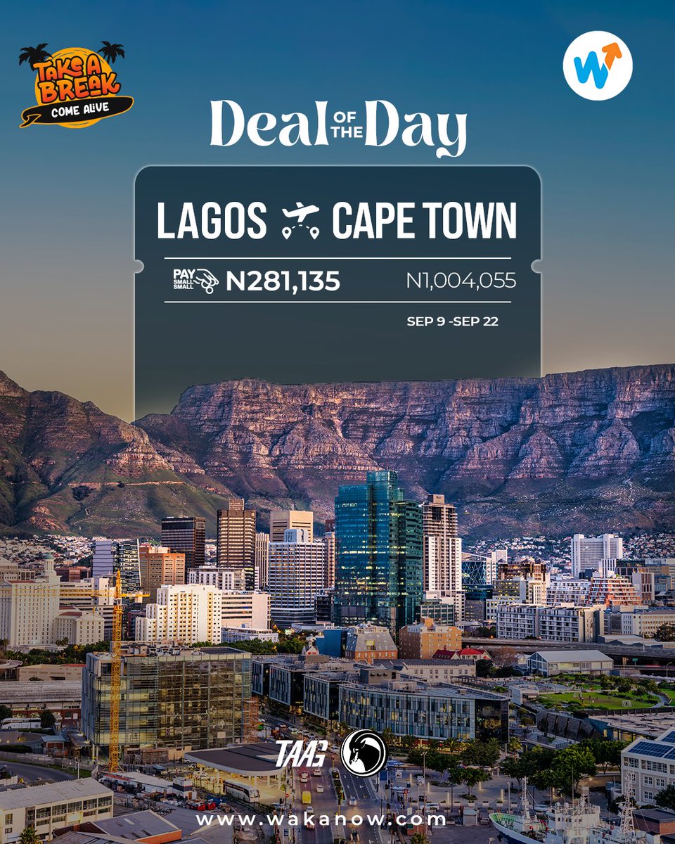 Travel from Lagos to Capetown with our flight deals.

Visit wakanow.com or download the Wakanow App now to book.

Let’s Go!

#wakanow #ComeAlive #Capetown