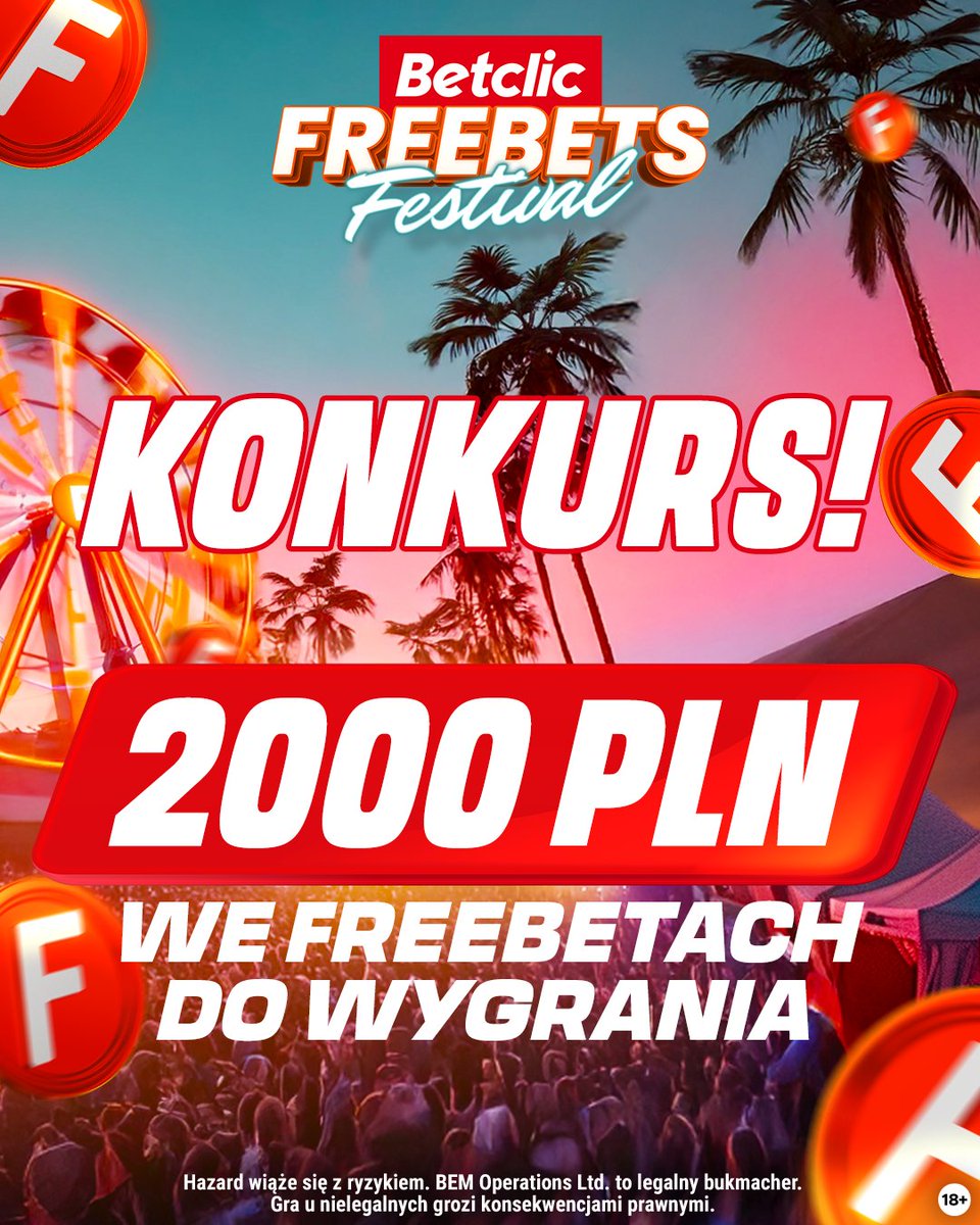 Betclic Polska 🔞 (@betclicpolska) on Twitter photo 🎡KONKURS🎡
🎁10x 200 pln we Freebetach do wygrania
Zasady:
🔎obserwuj <a href="/BetclicPolska/">Betclic Polska 🔞</a>
🔄retweet
📝napisz z którym sportowcem mógłbyś się wybrać na festiwal i dlaczego + dodaj #BetclicFreebetsFestival
Konkurs +18🔞 Gramy do poniedziałku (18.08) do 23:59. Regulamin w ALT 🎡KONKURS🎡
🎁10x 200 pln we Freebetach do wygrania
Zasady:
🔎obserwuj <a href="/BetclicPolska/">Betclic Polska 🔞</a>
🔄retweet
📝napisz z którym sportowcem mógłbyś się wybrać na festiwal i dlaczego + dodaj #BetclicFreebetsFestival
Konkurs +18🔞 Gramy do poniedziałku (18.08) do 23:59. Regulamin w ALT