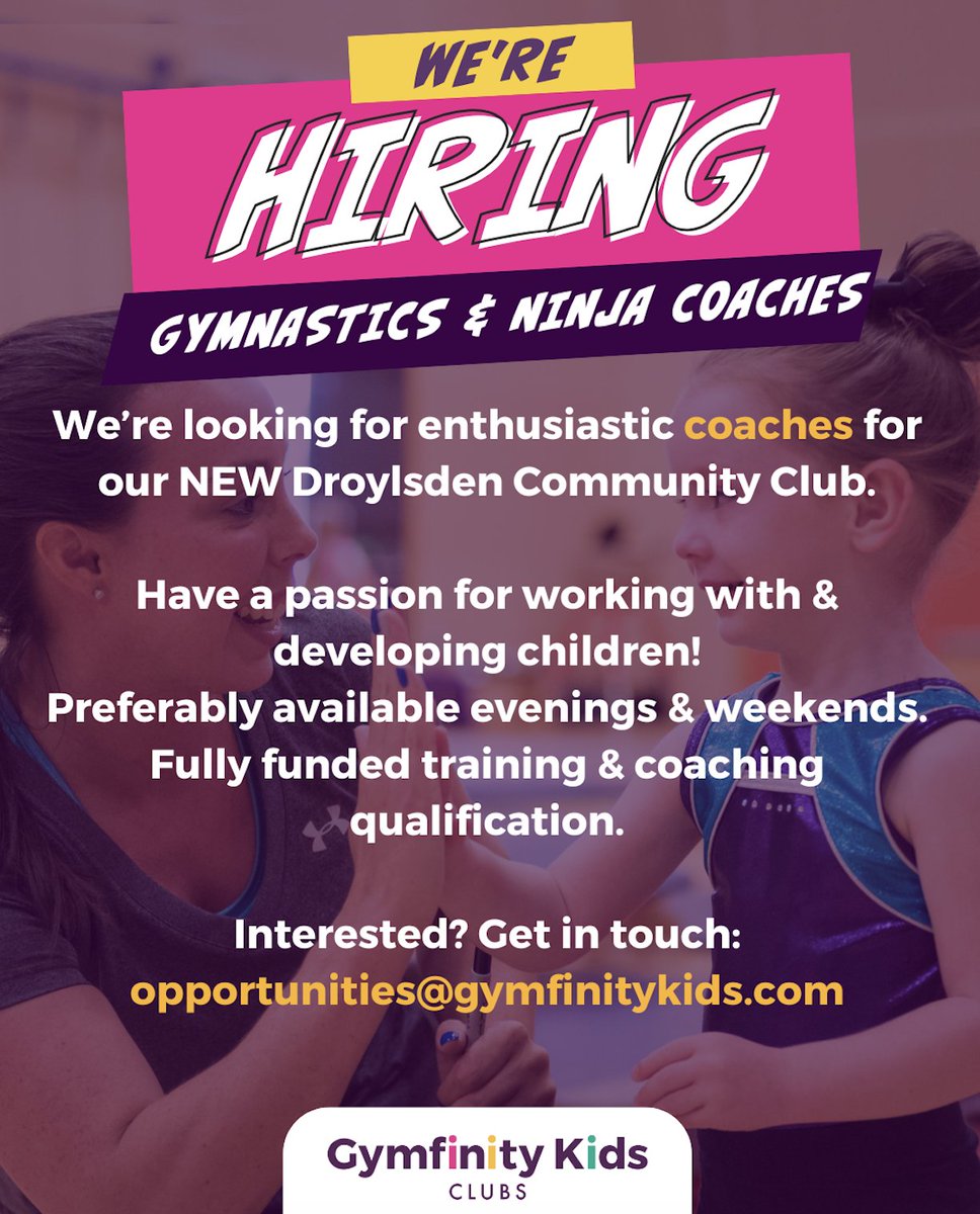 bethtweddlenews's tweet photo. @GymfinityKids are launching 3 new sites in September &amp; are currently hiring for coaches for the 3 sites. Salford (Star Salford Academy),Droylsden (Laurus Ryecroft High School) and Blackburn (St Bedes). Interested in joining our team contact us @ opportunities@gymfinitykids.co.uk https://t.co/heY6KuwSrf