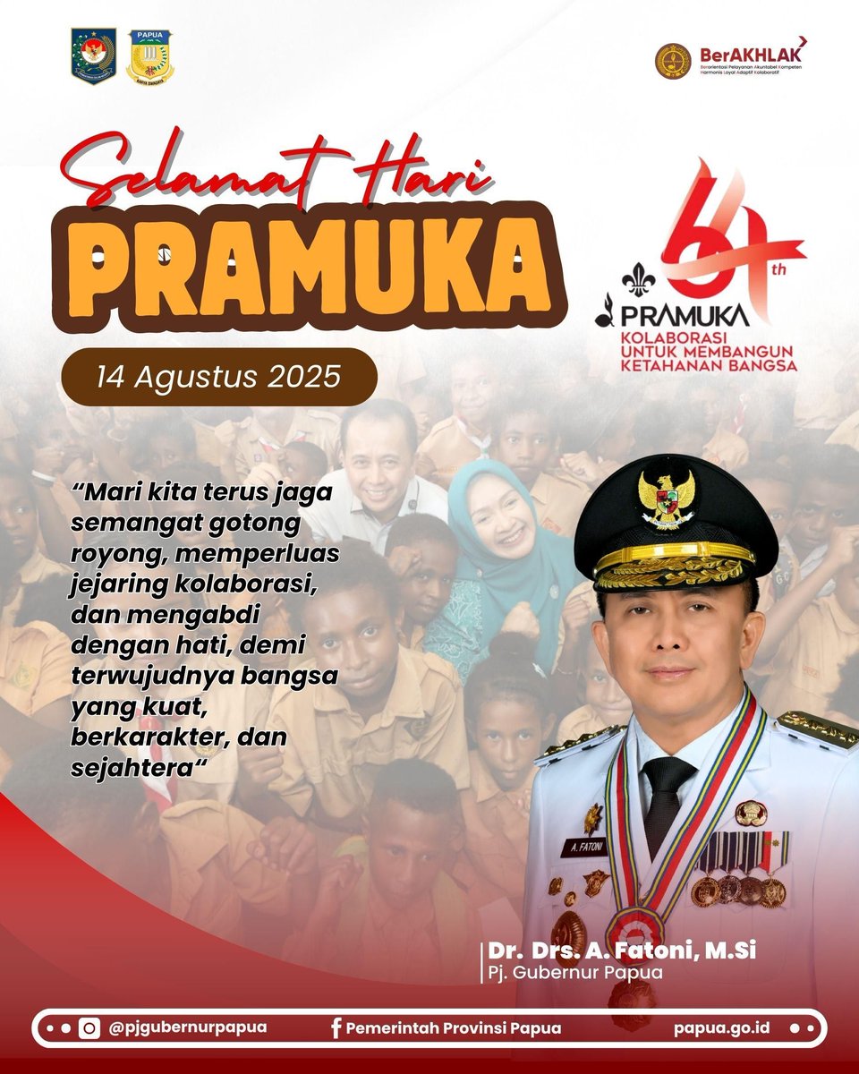 PemprovPapua's tweet photo. Selamat Memperingati Hari Pramuka ke - 64
14 Agustus 2025
#MenatapPapuaBaru
#PemprovPapua
#HariPramuka https://t.co/b8kL7sncrj