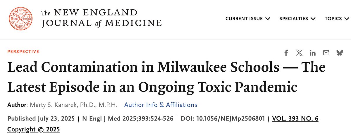 Amerika'da sulardaki kurşun düzeyi ülke genelinde ciddi bir problem. Özellikle çocuklarda kanda kurşun düzeyinin ölçülmesi gerekiyor. Bütçe kesintileri sonrası okul kaynaklı kurşun zehirlenmelerine CDC'nin artık destek vermediğine dair eleştirel bir yazı: nejm.org/doi/full/10.10…