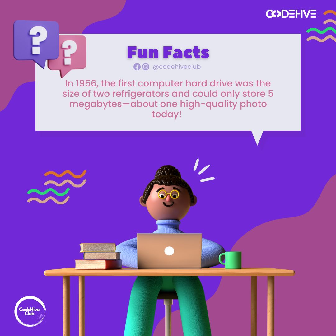 CodehiveClub's tweet image. Did you know? 
In 1956, the first computer hard drive was the size of two refrigerators and could only store 5 megabytes—about one high-quality photo today! 

#Codehiveclub #funfact #STEM #techforall