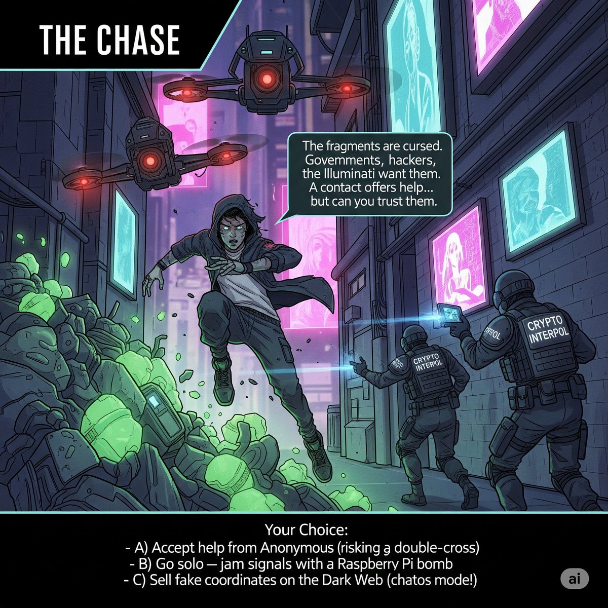 Noufel1460908's tweet photo. 💥 Panel 2: The Chase
Visual: You’re dodging drone-cams in a cyber alley, as agents from "Crypto Interpol" close in.
#MemecoinsWin #HODLGod
#MemeEvolution #HODLForLife #BOB_bnbbuilder #BNB #CZ https://t.co/qVKUydv7tU