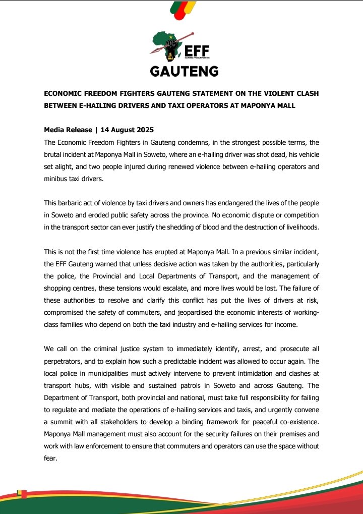 EFFGautengProv's tweet photo. The EFF in Gauteng Condemns, in the Strongest Terms, the Brutal Incident at Maponya Mall in Soweto, where an E-hailing Driver was Shot Dead, His Vehicle Set Alight, and Two People Injured During Renewed Violence Between E-hailing Operators and Minibus Taxi Drivers https://t.co/xfnCv8hrMG