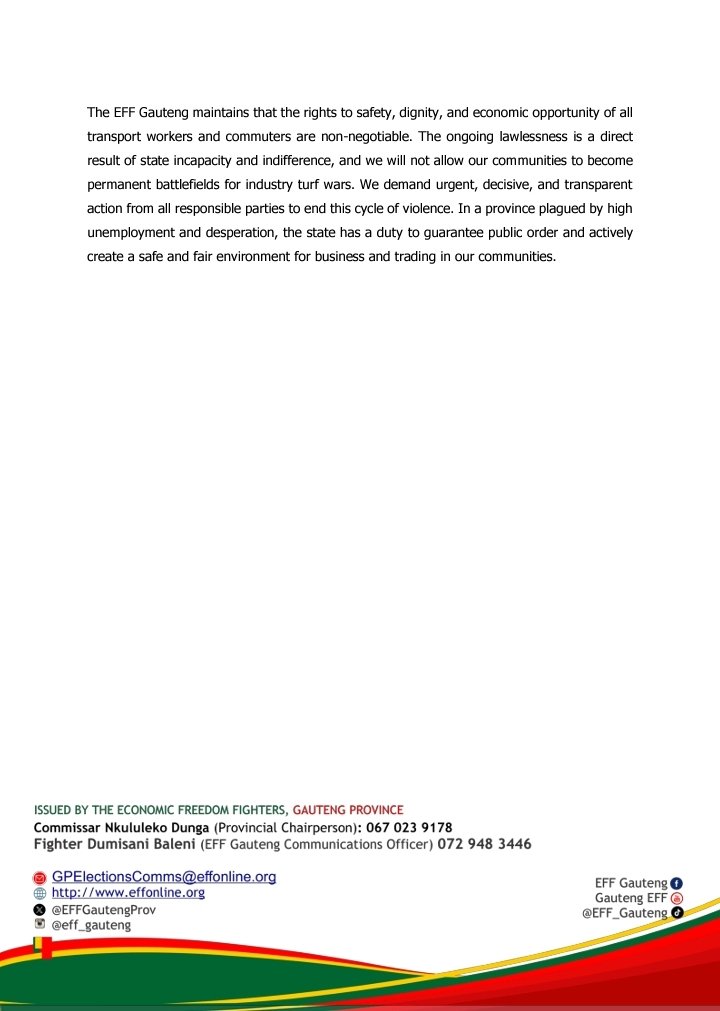 The EFF in Gauteng Condemns, in the Strongest Terms, the Brutal Incident at Maponya Mall in Soweto, where an E-hailing Driver was Shot Dead, His Vehicle Set Alight, and Two People Injured During Renewed Violence Between E-hailing Operators and Minibus Taxi Drivers