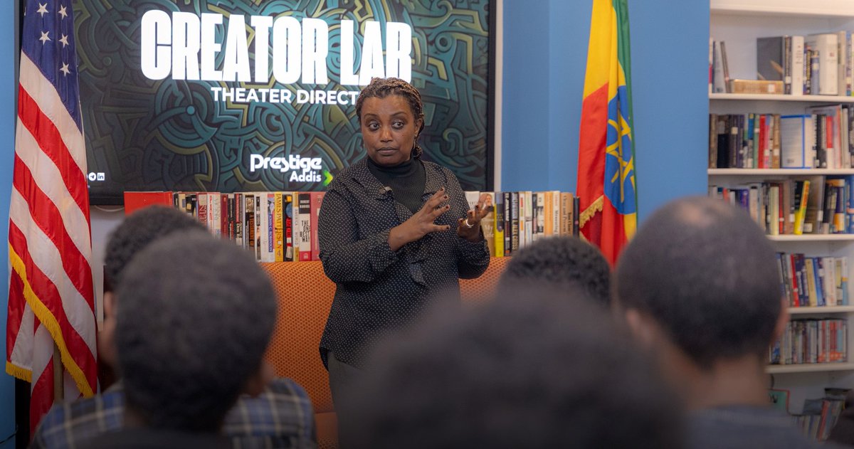 USEmbassyAddis's tweet photo. The Satchmo American Center, in collaboration with @PrestigeAddis, hosted an experience-sharing event with acclaimed writer and director Meaza Worku. 
The event provided an opportunity for attendees to gain insights into Meaza’s creative process and her journey across diverse storytelling platforms. 
Participants enjoyed an intimate discussion that highlighted her contributions to Ethiopian arts and culture, as well as her approach to storytelling and activities behind the scene in radio, stage, television, and beyond. 
Follow Satchmo American Center on Telegram to attend up-coming events - https://t.co/Bq00gVEpmw