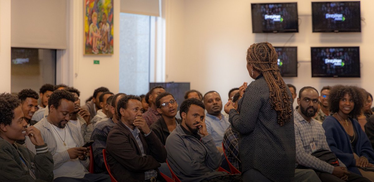 USEmbassyAddis's tweet photo. The Satchmo American Center, in collaboration with @PrestigeAddis, hosted an experience-sharing event with acclaimed writer and director Meaza Worku. 
The event provided an opportunity for attendees to gain insights into Meaza’s creative process and her journey across diverse storytelling platforms. 
Participants enjoyed an intimate discussion that highlighted her contributions to Ethiopian arts and culture, as well as her approach to storytelling and activities behind the scene in radio, stage, television, and beyond. 
Follow Satchmo American Center on Telegram to attend up-coming events - https://t.co/Bq00gVEpmw
