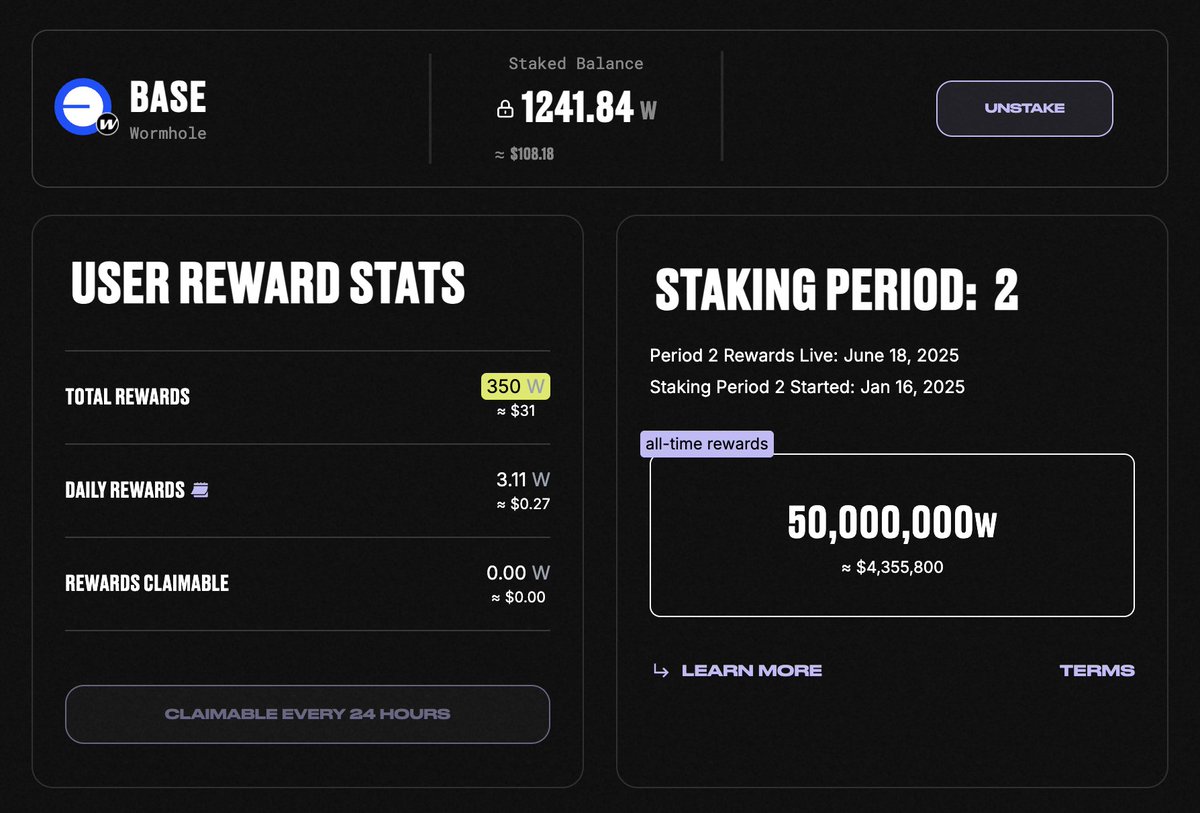 PriewPeter's tweet photo. 🥳 ใครที่ Stake $W จาก @wormhole อย่าลืมมาเคลม Reward จาก Staking Period 2 นะครับ รางวัลรวม 50,000,000 $W 
.
📍 เนื่องจากว่าเขาปล่อยรางวัลแบบ Daily (ของผมยาว ~ 112 วัน) แนะนำ 2 แบบ คือ 
.
1⃣ นานๆ เคลมที เพราะยอดน้อย 😂 ได้ Tx ไปด้วยระหว่างทางบน @base 
.
2⃣ รอเคลมทีเดียว (ถ้าไม่รีบ😅)
.
Claim : https://t.co/VEzVSwocYM