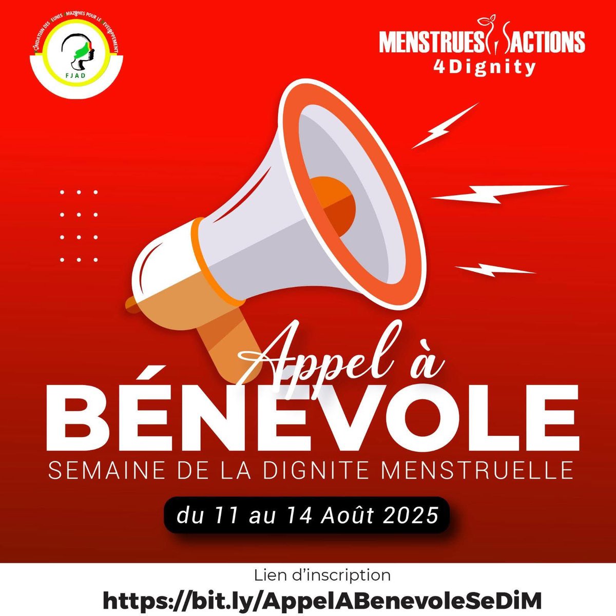 ⏰ Dernier jour pour devenir volontaire !
Rejoignez la Semaine de la Dignité Menstruelle – SeDiM 2025 à Cotonou (25–31 août) et participez à mobilisation pour la dignité menstruelle.

Inscrivez-vous avant 17h ici 👉 bit.ly/AppelABenevole…

#FJAD #OnVireAuRouge #SeDIM2025
