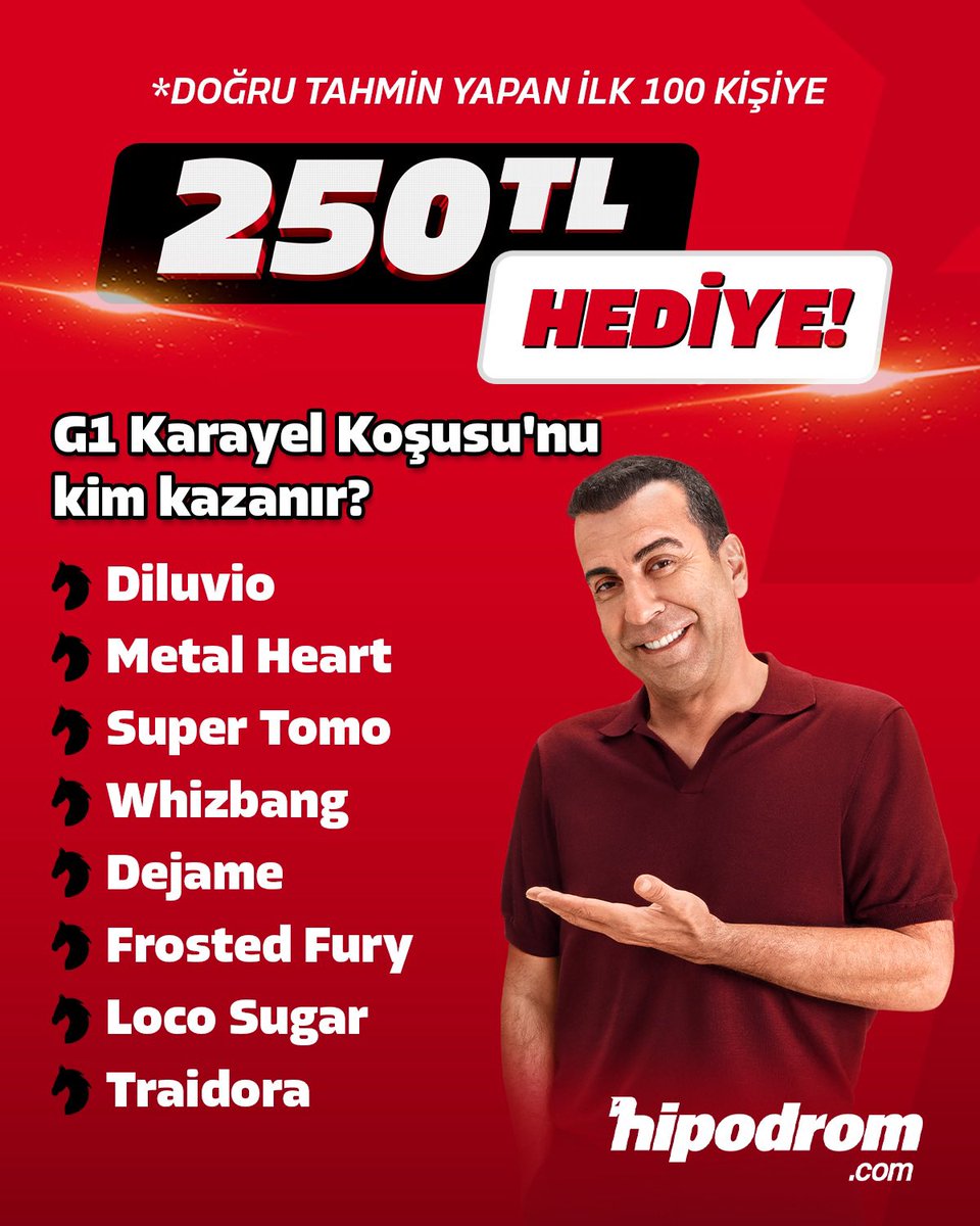 🎁 ÖDÜLLÜ YARIŞMA! 🎁

🔴 %100 ek kazançlı kampanyalarımızın heyecanıyla 100 kişiye 250 TL değerinde Hipodrom Puan hediye!

🏆🏇 Cumartesi günü Ankara'da 1300 metre mesafede çim pistte gerçekleştirilecek G1 Karayel Koşusu'nu hangi safkan kazanır?

🖊️ Linkteki form üzerinden