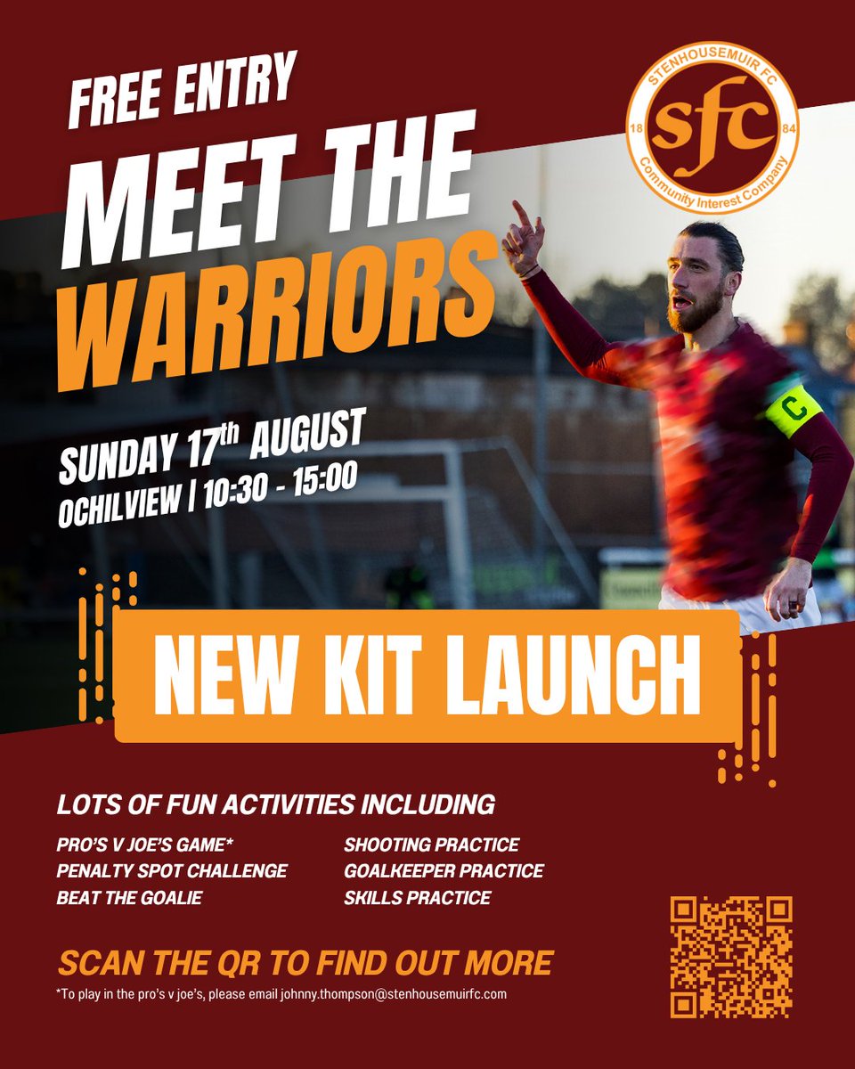 StenhousemuirFC's tweet photo. 𝐌𝐄𝐄𝐓 𝐓𝐇𝐄 𝐖𝐀𝐑𝐑𝐈𝐎𝐑𝐒 𝐃𝐀𝐘 || 𝐅𝐑𝐄𝐄 𝐄𝐍𝐓𝐑𝐘

Join us for a fun-filled, action-packed family day at Stenhousemuir FC as we host our Meet The Warriors Day.

⚽ HOME KIT LAUNCH
📆 Sunday 17th August
⏰ 10:00 - 15:00
🔗 https://t.co/1n4dvzdgZB

⚔️ #newkitlaunch https://t.co/bhaUKCABY3