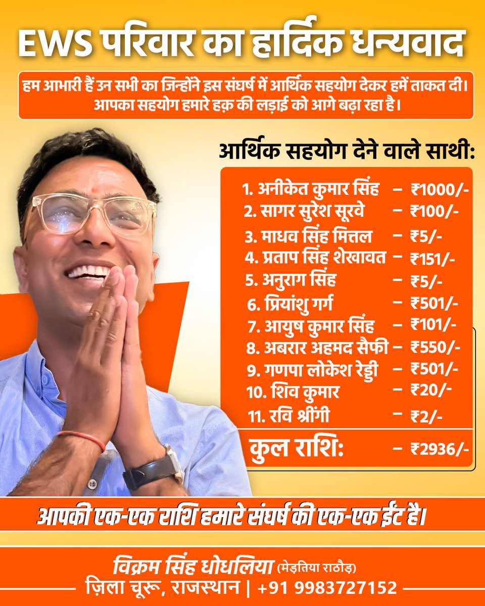 Dhodhliya's tweet photo. EWS परिवार का हार्दिक धन्यवाद

#OneEWSCertificate #EWS_age_relaxation #justiceforews https://t.co/ixxpZeHtiJ