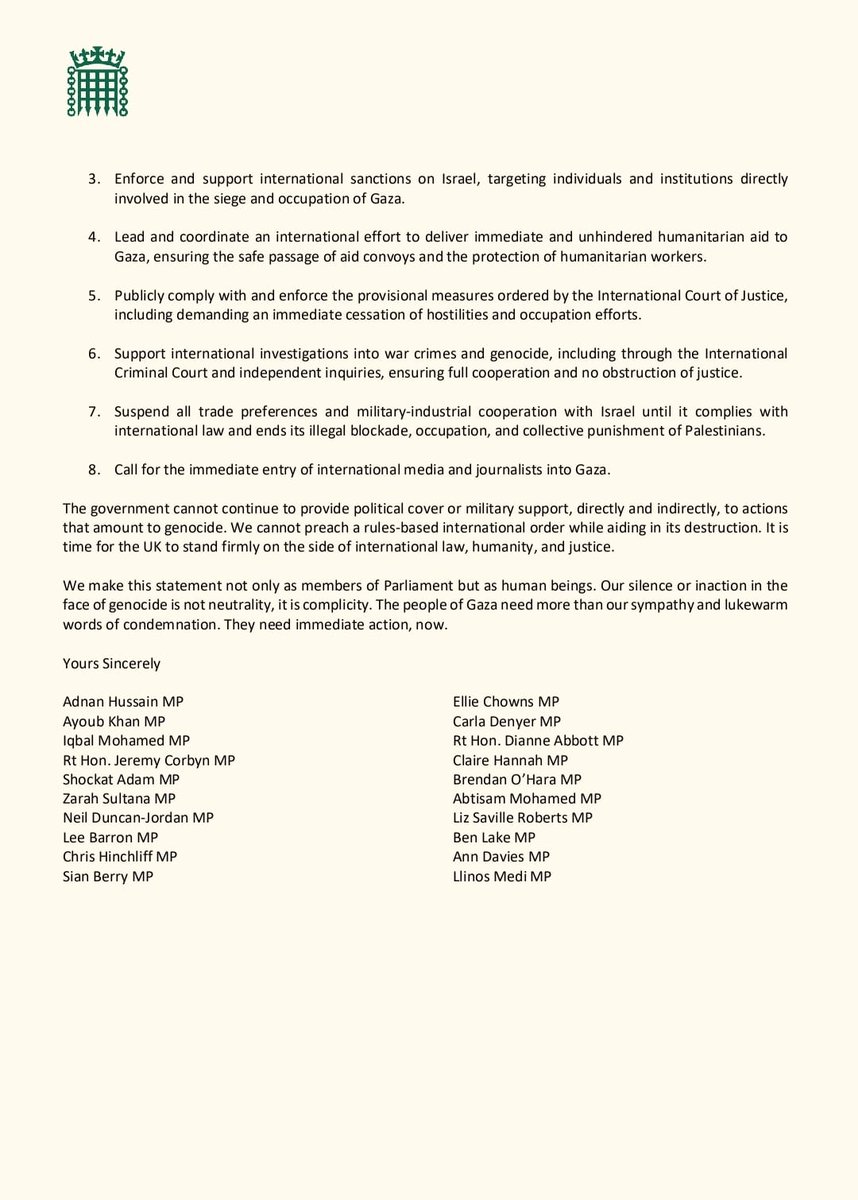 Updated letter requesting the government act urgently in the face of genocide in Gaza. Thank you to all my Parliamentary colleagues for signing.