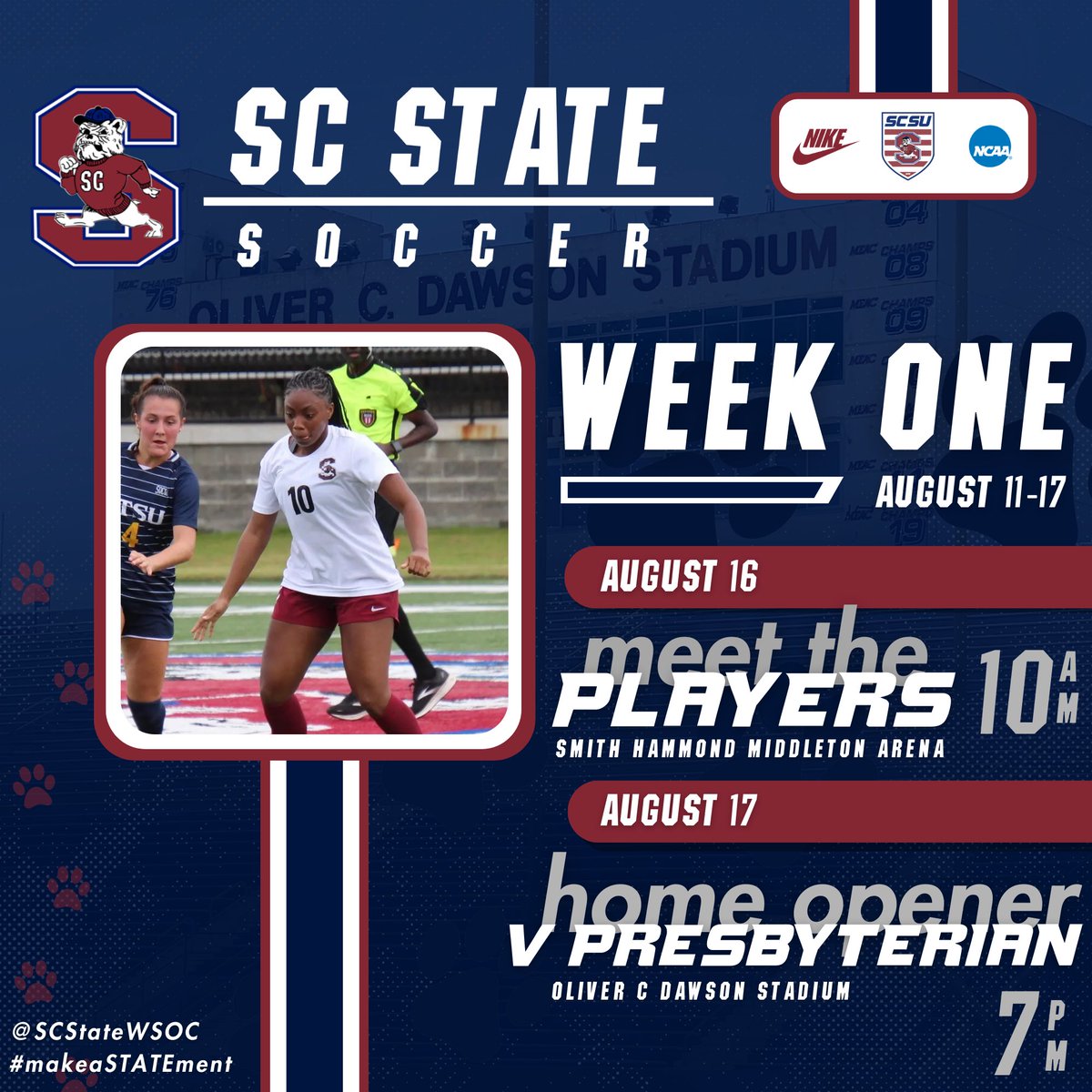SCStateWSOC's tweet photo. Week 1️⃣ is upon us!

➡️ Meet The Players | Saturday, 10AM

➡️ v Presbyterian | Sunday, 7PM

#makeaSTATEment🐾 https://t.co/RVcjJpEIQd