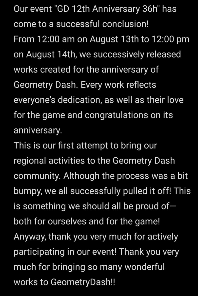 Our event "GD 12th Anniversary 36h" has come to a successful conclusion!
Anyway, thank you very much for actively participating in our event! Thank you very much for bringing so many wonderful works to GeometryDash!!
art by <a href="/mayzi0729/">mayzi</a>
#GD12_36h