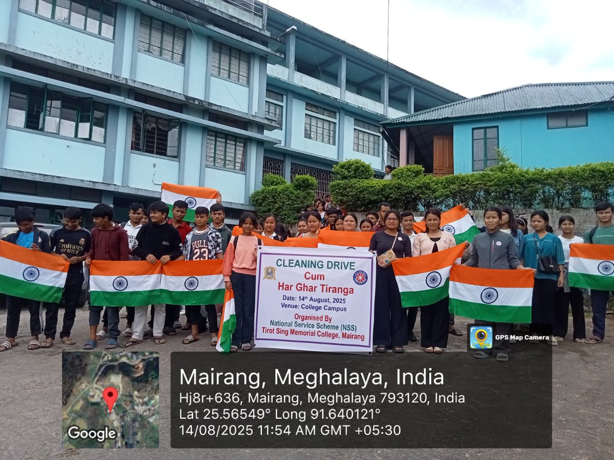 TSMCMairang's tweet photo. Cleaning Drive cum Har Ghar Tiranga by Nss unit Tirot Sing memorial college today 24/8/2025 @ the College premises.
120 volunteers participated.
@_NSSIndia
@nss_rdguwahati
@CellNehu
@mybharatgov https://t.co/2y9B64K9gB