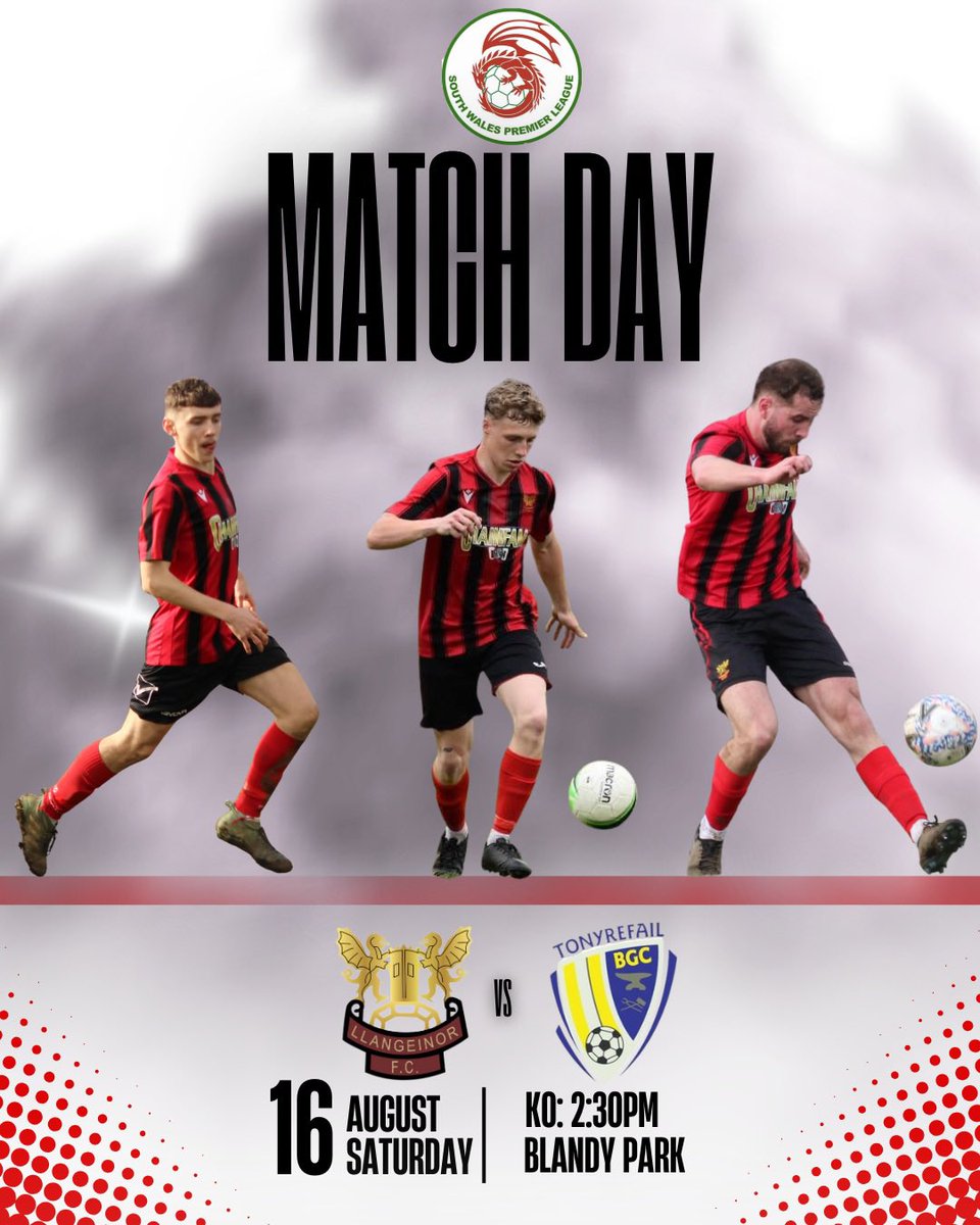 𝗙𝗶𝘅𝘁𝘂𝗿𝗲🔜 

Following a superb result &amp; performance on the opening day of the season, Tonyrefail are the next opponents for the boys in red

🆚 Tonyrefail BGC
📆 16.08.2025
🏟️ Brandy Park 
📌 CF32 8DG
⏰ 2.30PM
🎟️ £3 (U16’s Free)
🏆 South Wales Championship

#UppaLlan🔴⚫️