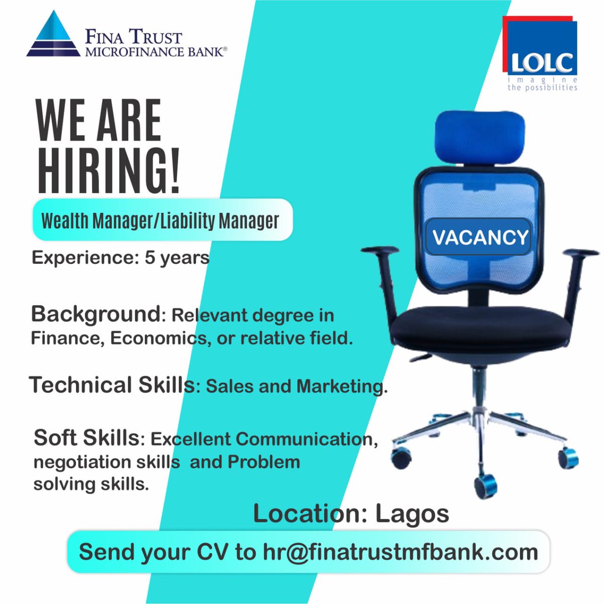 finatrustmfb's tweet photo. We’re Hiring!

Fina Trust Microfinance Bank is seeking experienced Wealth &amp; Liability Managers with a track record in deposits, client management, and business growth.

Send CV to hr@finatrustmfbank.com
Subject: Application – Wealth Manager / Liability Manager

Join us today. https://t.co/cbpwJvOXOS