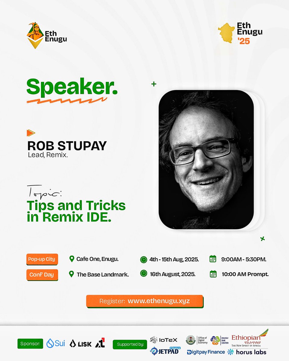 Eth Enugu || 042 Onchain (@eth_enugu) on Twitter photo Another phenomenal speaker joining us for ETH Enugu '25 pop up city today is <a href="/ryestew/">Rob Stupay</a>. He is the Lead <a href="/EthereumRemix/">Remix Project</a>.
Rob will be speaking and showing us exclusive Tips and Tricks in Remix IDE.
Register: ethenugu.xyz Another phenomenal speaker joining us for ETH Enugu '25 pop up city today is <a href="/ryestew/">Rob Stupay</a>. He is the Lead <a href="/EthereumRemix/">Remix Project</a>.
Rob will be speaking and showing us exclusive Tips and Tricks in Remix IDE.
Register: ethenugu.xyz
