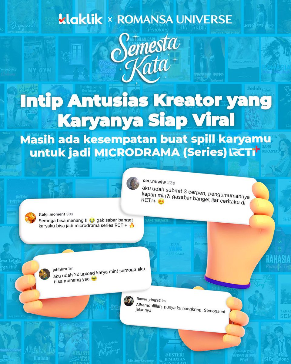 Semangat mereka di Semesta Kata lagi membara nih!

Banyak yang udah submit cerpen dan nggak sabar lihat karyanya jadi Microdrama (Series) di RCTI+ 🎬✨

Kalau kamu sudah submit belum?

Klik di sini: Semestakata.klaklik.com

#cerpen #semestakata #klaklik #shareyourstory