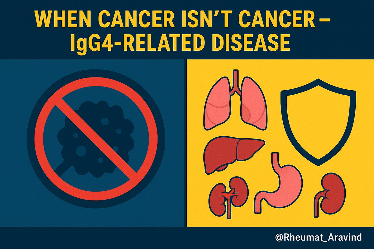 Rheumat_Aravind's tweet image. When Cancer Isn’t Cancer – Meet IgG4-Related Disease
Sometimes what looks like a tumor… isn’t.
It’s an immune disorder that can strike almost any organ and is often mistaken for cancer.
Catching it can spare patients major surgery. 🧵👇 #MedTwitter #Rheumatology @IhabFathiSulima