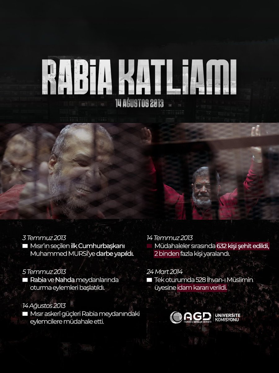 Rabia Katliamı'nın sene-i devriyesinde; şehitlerimizi rahmetle anıyor, haksız yere zindanlarda tutulan başta Muhammed el Biltaci olmak üzere tüm Müslüman Kardeşler'imizin bir an önce serbest bırakılmasını ve zulmün sona ermesini istiyoruz!