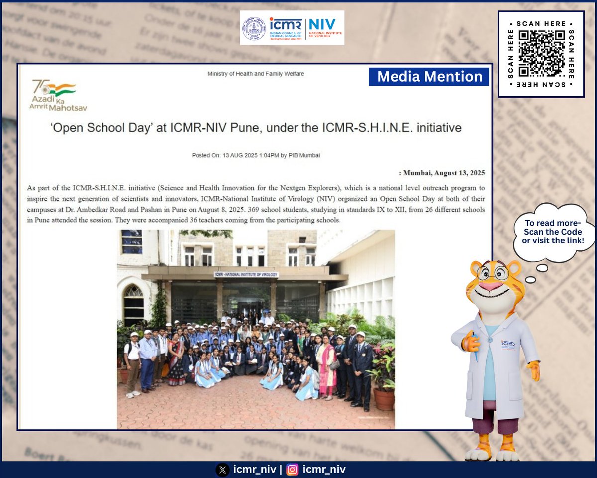 icmr_niv's tweet image. #Media #mention for #SHINEAtICMR – #nationwide #school #student #outreach, enabling #young #minds to spend #OneDayAsScientist at @ICMR_NIV. @DeptHealthRes @ICMRDELHI @MoHFW_INDIA @PIB_India @Vibha_India
Scan QR/Visit: pib.gov.in/PressReleseDet…