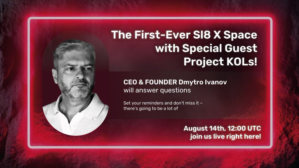 cassator's tweet photo. ⏰ Less than an hour to the AMA — August 14 at 12:00 UTC

Be part of the first-ever Sl8 X Space with CEO & Founder Dmytro Ivanov and 30+ top crypto KOLs from around the globe!

🔔 Set your reminder: https://t.co/JBMQ8BQnDq

We’ll discuss:
💠 USDC & XLM staking now live in the Sl8 app
🌍 Our Wefunder campaign progress
🚀 Global growth with top-tier influencers
🛠 Launch of our own Launchpad
… and much more!