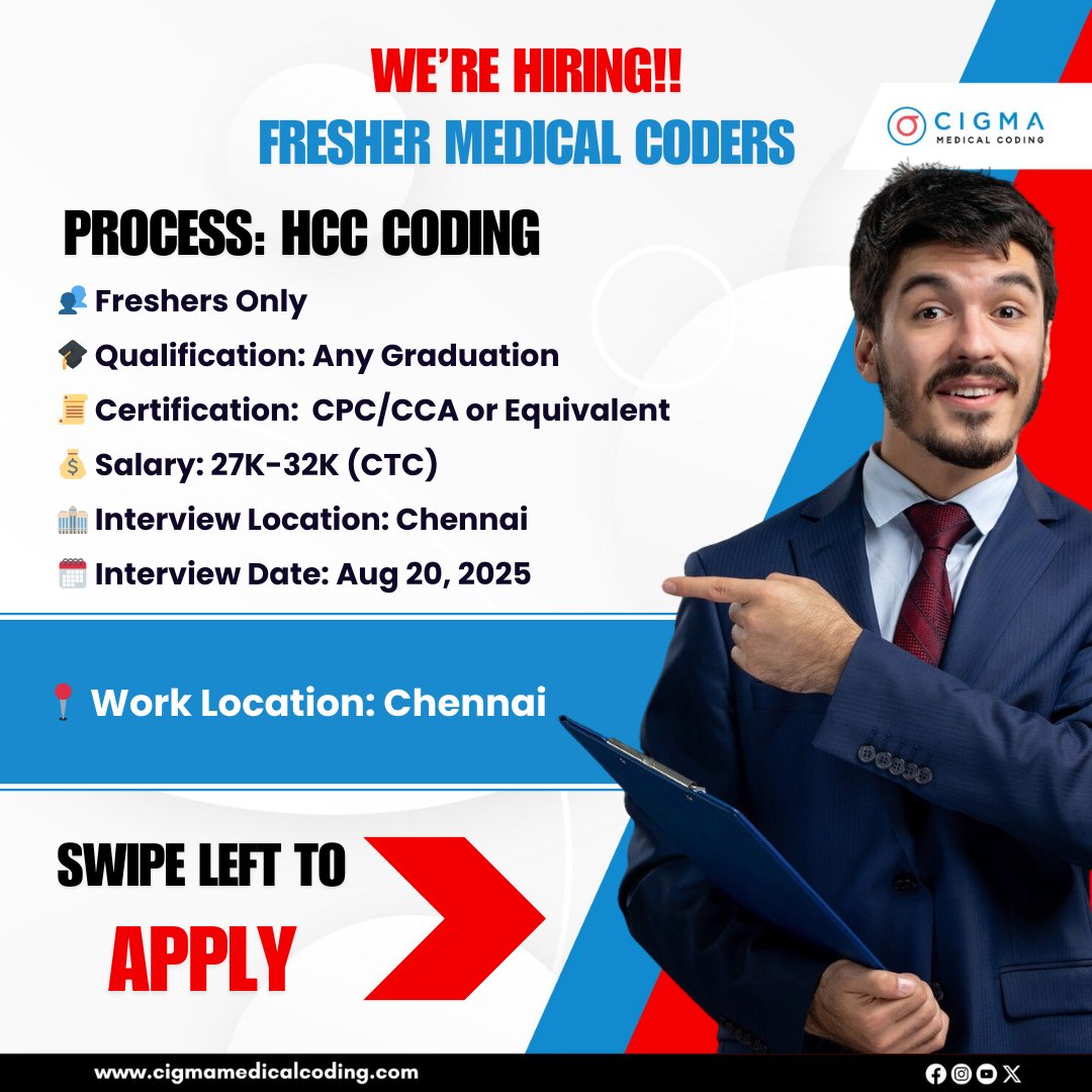 cigmahealthcare's tweet image. Massive Hiring Alert – HCC Medical Coders (Freshers)
We’re looking for passionate and certified fresher medical coders to join our HCC process team in Chennai.
Apply Now: cigmamedicalcoding.com/job-vacancies/…
For more details contact - 87140 56642
#HCCMedicalCoding #MedicalCodingJobs