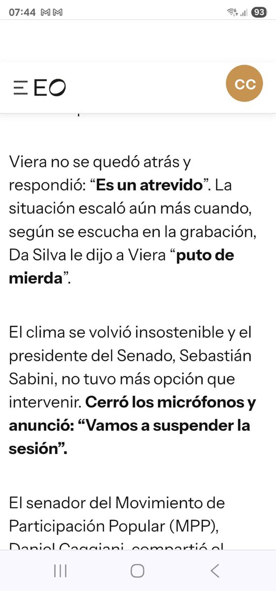 EPreve's tweet photo. 🔴 “PUTO DE MIERDA”

✔️ Tras esa frase del senador blanco Sebastián Da Silva contra su colega del FA Nicolas Viera se suspendió la interpelación al ministro de Ganadería, Alfredo Fratti, por la compra de la estancia María Dolores.

✔️ Da Silva reaccionó así a la intervención de Viera que recordó las recomendaciones del senador blanco de invertir en Conexión Ganadera.