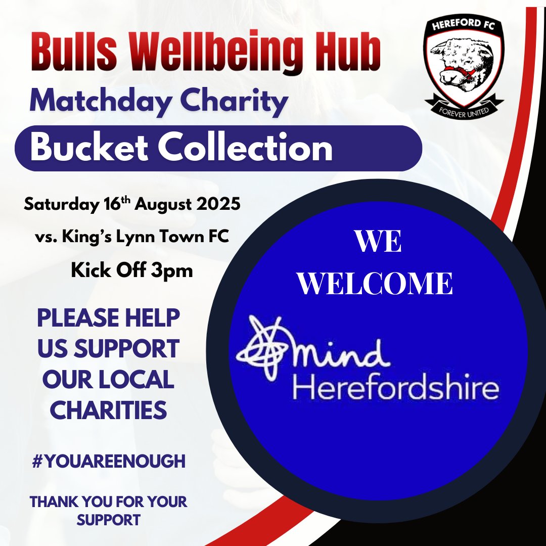 HerefordFC's tweet photo. Bucket collection for Herefordshire Mind 🪣

Herefordshire’s local mental health charity. Their aim is that no one in Herefordshire should have to face a mental health problem alone. 

Read more below 👇
https://t.co/8VGJk0Ifgy
#COYW | #OurCity https://t.co/M00szQbtu4
