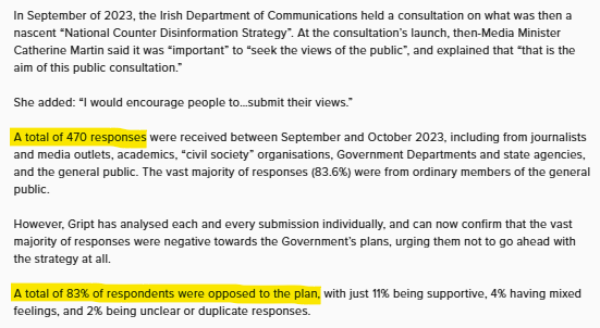 🇮🇪 IRELAND - NO COUNTRY FOR DEMOCRACY

<a href="/griptmedia/">gript</a> has learned a government consultation with regards " mis / disinformation" has been outright ignored even though then Minister for Media <a href="/cathmartingreen/">Catherine Martin</a> "it was important to seek the publics views"

Of the 470 responses