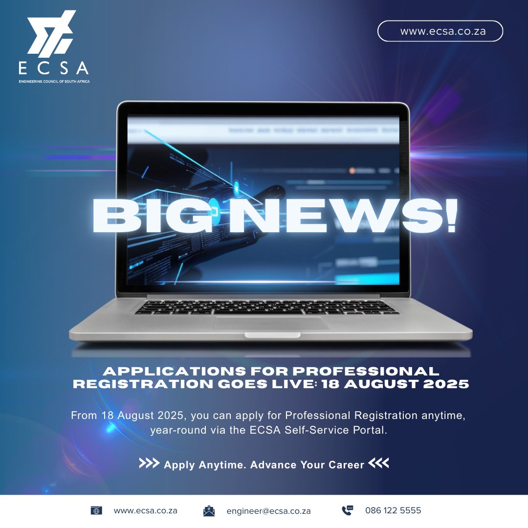ECSAOfficial's tweet photo. ECSA’s new applications portal opens 18 Aug 2025! Initial issues from testing are being addressed to ensure a smooth experience. Open continuously, except 15 Dec – 15 Jan.
#ECSA #EngineeringSA #ProfessionalRegistration #EngineeringCareers https://t.co/mEVB1dbq6V