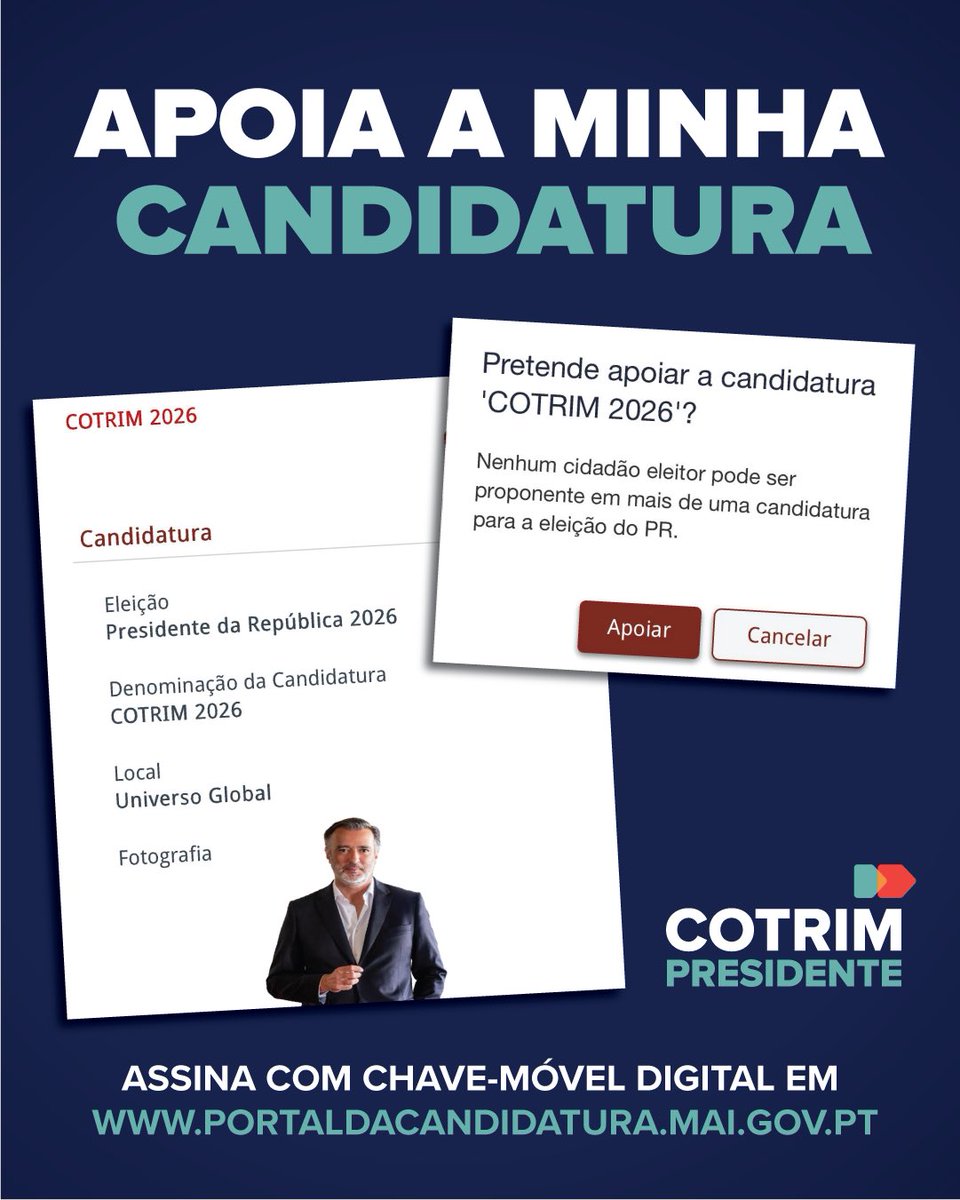 Incrível onda de apoio desde ontem à noite, de vários quadrantes políticos e vários partidos. Muito obrigado pela confiança. 

Já recebi 1520 assinaturas! 

Para viabilizares a minha candidatura basta assinares com chave-móvel digital em 

portaldacandidatura.mai.gov.pt/candidatura/23…  

Rumo às 7500.