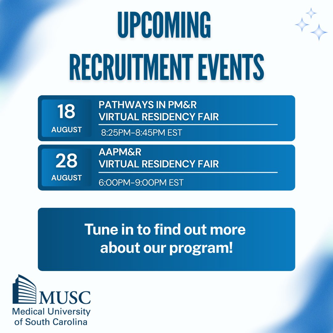 Join us at our upcoming virtual events to discover more about our residency program! 
#muscpmr #pmresidency #physiatry #futurephysiatrist #charlestonsc