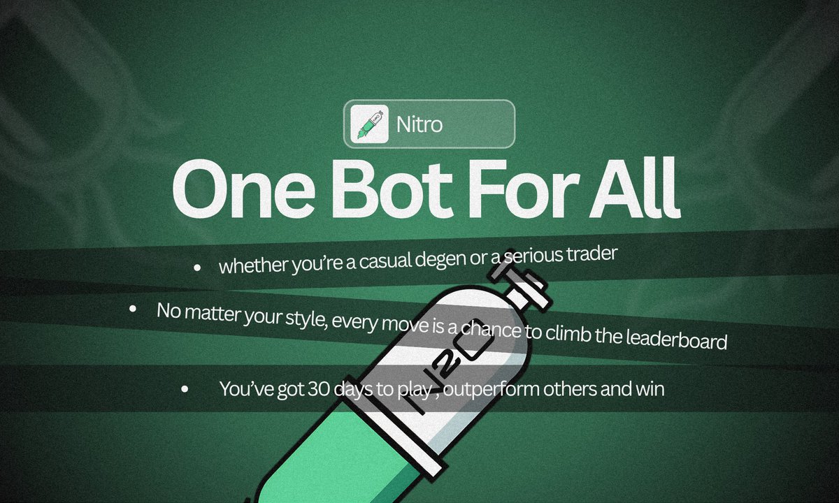 NitroBot isn’t just for some, it's for ALL. 

If you’re launching memes “for the culture” or chasing that life-changing bag, this is where speed meets story.

Every trade is a shot at the leaderboard. Every win? A flex the whole chain sees.

30 days. No excuses. Bring the action,