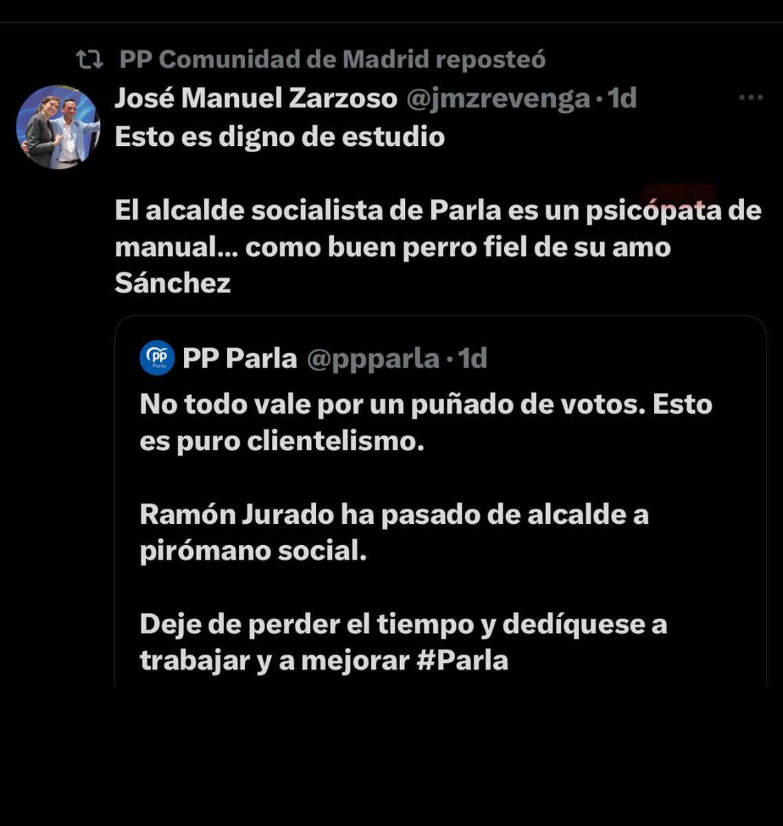 Cristina González (@cristinagalvare) on Twitter photo Es intolerable q el S Gral de la <a href="/FedMMadrid/">FMM</a> insulte al alcalde d #Parla y vicepresidente d la Federación
Van a tomar medidas <a href="/JudithPiquet/">Judith Piquet</a> y <a href="/ppmadrid/">PP Comunidad de Madrid</a> ante esto?
Pedimos su cese y q pida disculpas públicamente! Es intolerable q el S Gral de la <a href="/FedMMadrid/">FMM</a> insulte al alcalde d #Parla y vicepresidente d la Federación
Van a tomar medidas <a href="/JudithPiquet/">Judith Piquet</a> y <a href="/ppmadrid/">PP Comunidad de Madrid</a> ante esto?
Pedimos su cese y q pida disculpas públicamente!