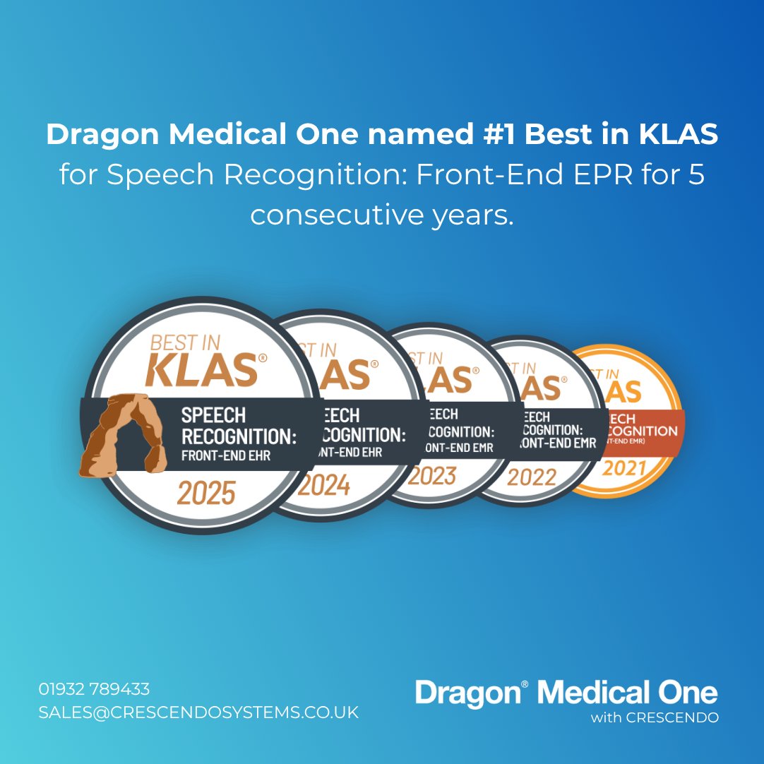 It's not just clinical teams that love Microsoft's Dragon Medical One. The software has won BEST IN KLAS for Speech Recognition: Front-End EPR for the 5th year in a row. 

Want to see why? Book a live demo - crescendosystems.co.uk/speech-recogni…