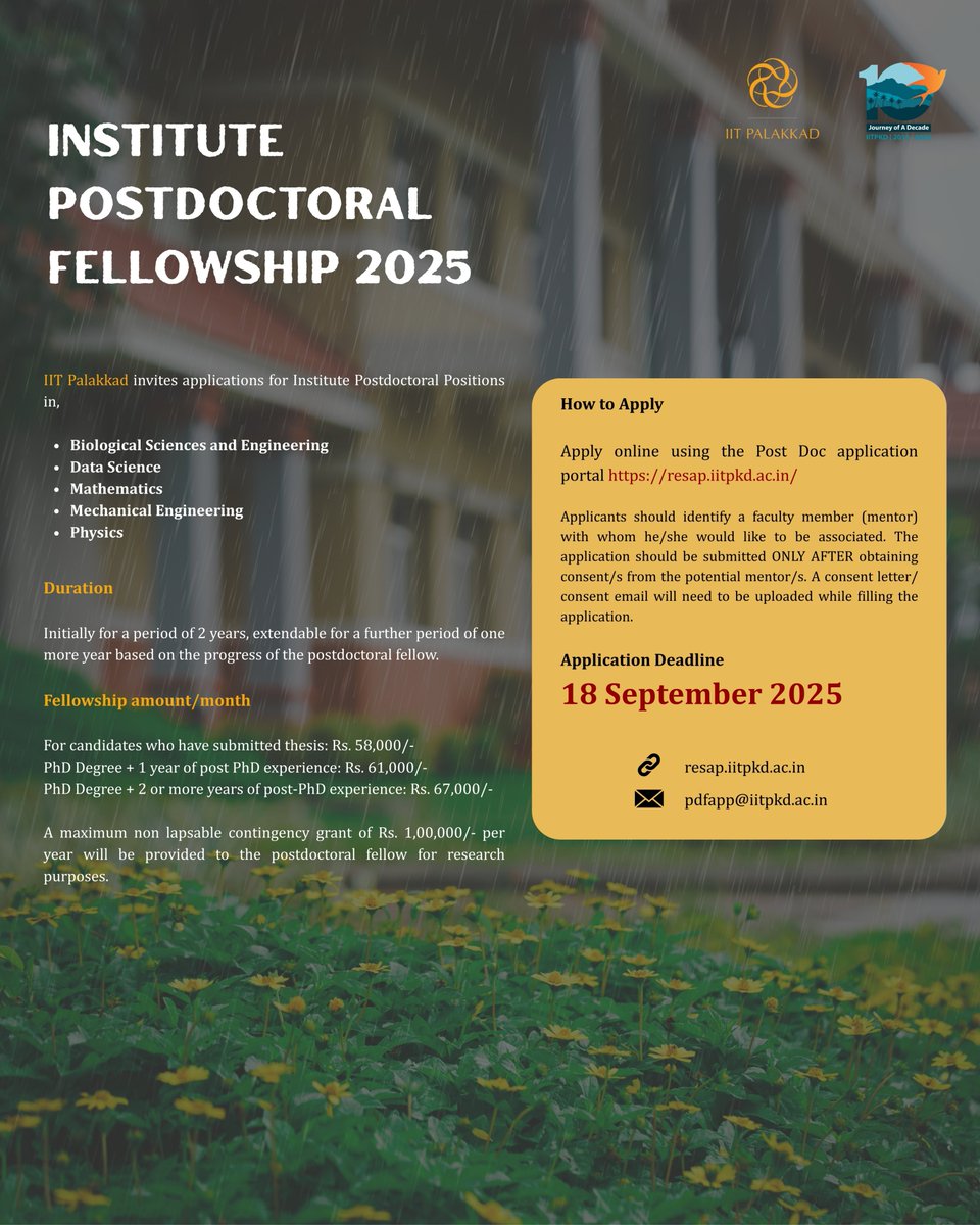 IIT Palakkad (@palakkadiit) on Twitter photo IIT Palakkad invites applications for Institute Postdoctoral Positions
Apply online: resap.iitpkd.ac.in
Application Deadline: 18 September 2025
For more details: resap.iitpkd.ac.in
Queries at: pdfapp@iitpkd.ac.in
instagram.com/p/DNVWw_4yozC/… IIT Palakkad invites applications for Institute Postdoctoral Positions
Apply online: resap.iitpkd.ac.in
Application Deadline: 18 September 2025
For more details: resap.iitpkd.ac.in
Queries at: pdfapp@iitpkd.ac.in
instagram.com/p/DNVWw_4yozC/…
