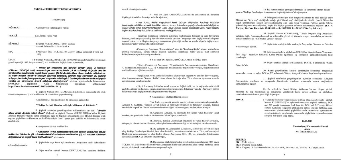 Cumhuriyetçi Vatanseverler Partisi avukatları;

TBMM Başkanı Numan Kurtulmuş hakkında, anayasayı ihlal ettiği gerekçesi ile suç duyurusunda bulundu.
