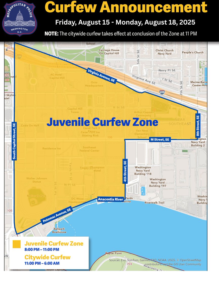 MPD announces the establishment of a Juvenile Curfew Zone in in the Navy Yard area beginning Friday, August 15th, at 8 p.m.    

Read more: mpdc.dc.gov/release/chief-…

Learn more about curfew enforcement here: mpdc.dc.gov/curfew