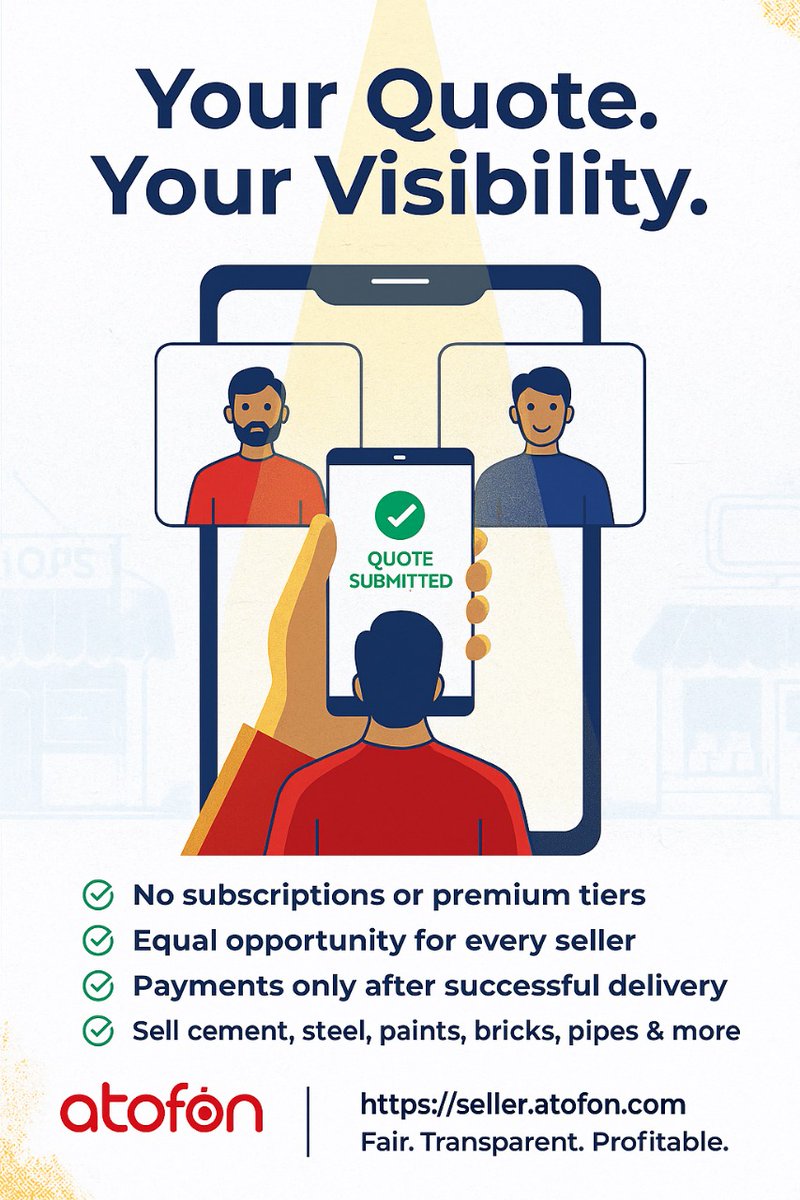 Karthikriz's tweet photo. 📢 On ATOFON, sellers win business based on quotes — not subscriptions.

✅ Quote freely, no premium tiers
✅ Every seller gets equal visibility
✅ Secure payments after successful delivery
✅ Sell cement, steel, paints, bricks, pipes & more
✅ Reach real buyers in your service area

Stop paying for visibility. Start earning with fair competition.

🔗 https://t.co/rug6XDv0Yg

#ATOFON #SellerTools #DigitalCommerce #ConstructionSupplies #BuildingMaterials #B2BMarketplace #ReverseBidding #FairCommerce #NoPremiumTiers #SellSmart