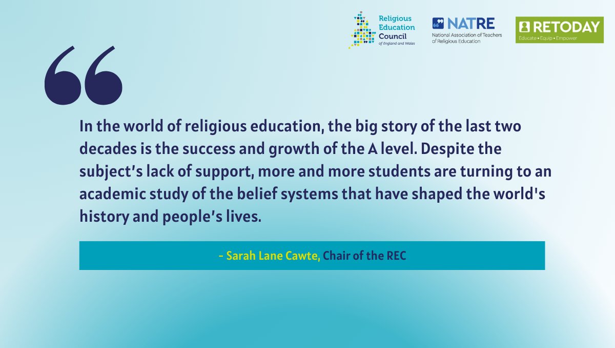 ReThinkREnow's tweet image. The number of students taking Religious Studies at A-level has remained stable at 15,005, with only a slight decline of 1.3%. Teachers report that a growing interest in life’s big questions is driving interest in the subject. ⬇️ @SarahLaneCawte #TeamRE #Worldviews #religion