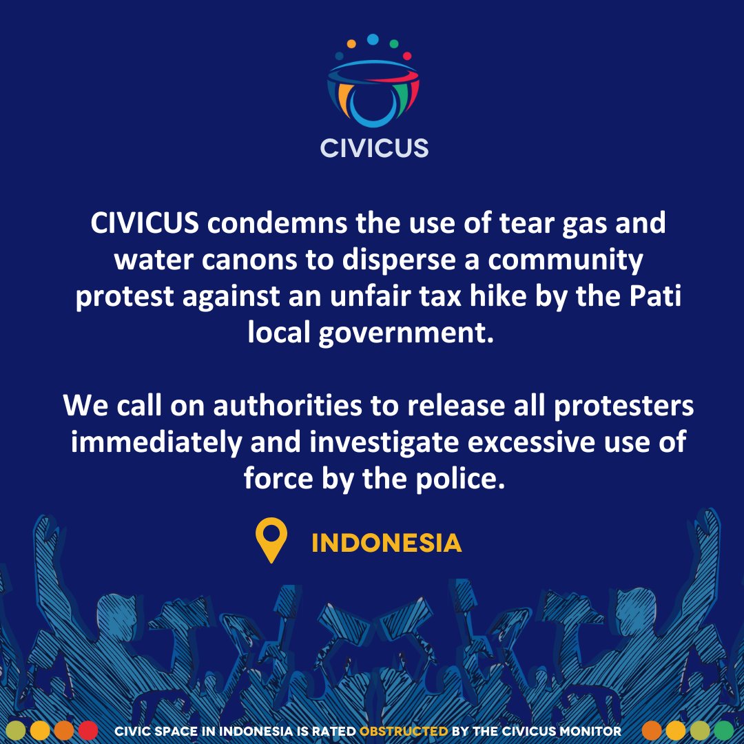 CIVICUS (@civicusalliance) on Twitter photo 🇮🇩#Indonesia: The police cracked down on #protests yesterday in the city of #Pati in Central Java in response to an unfair local tax hike. Dozens of protesters were arbitrarily arrested and injured.
The country is on our #civicspace Watchlist <a href="/CIVICUSMonitor/">CIVICUS Monitor</a> 🇮🇩#Indonesia: The police cracked down on #protests yesterday in the city of #Pati in Central Java in response to an unfair local tax hike. Dozens of protesters were arbitrarily arrested and injured.
The country is on our #civicspace Watchlist <a href="/CIVICUSMonitor/">CIVICUS Monitor</a>