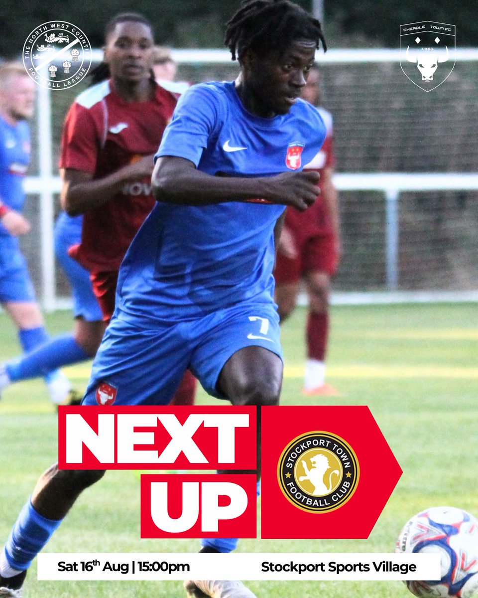 Cheadle Town FC (@cheadletownfc) on Twitter photo Next Up!!
On Sat 16th August we take on <a href="/StockportTownFC/">Stockport Town FC</a> at Stockport Sports Village in a rescheduled fixture.
Join us for our next game in the North West Counties Premier League!
Stockport Town v Cheadle Town
🗓️ Sat 16th August
🕢 Kick-off: 15.00pm
📍 Stockport Sports Next Up!!
On Sat 16th August we take on <a href="/StockportTownFC/">Stockport Town FC</a> at Stockport Sports Village in a rescheduled fixture.
Join us for our next game in the North West Counties Premier League!
Stockport Town v Cheadle Town
🗓️ Sat 16th August
🕢 Kick-off: 15.00pm
📍 Stockport Sports