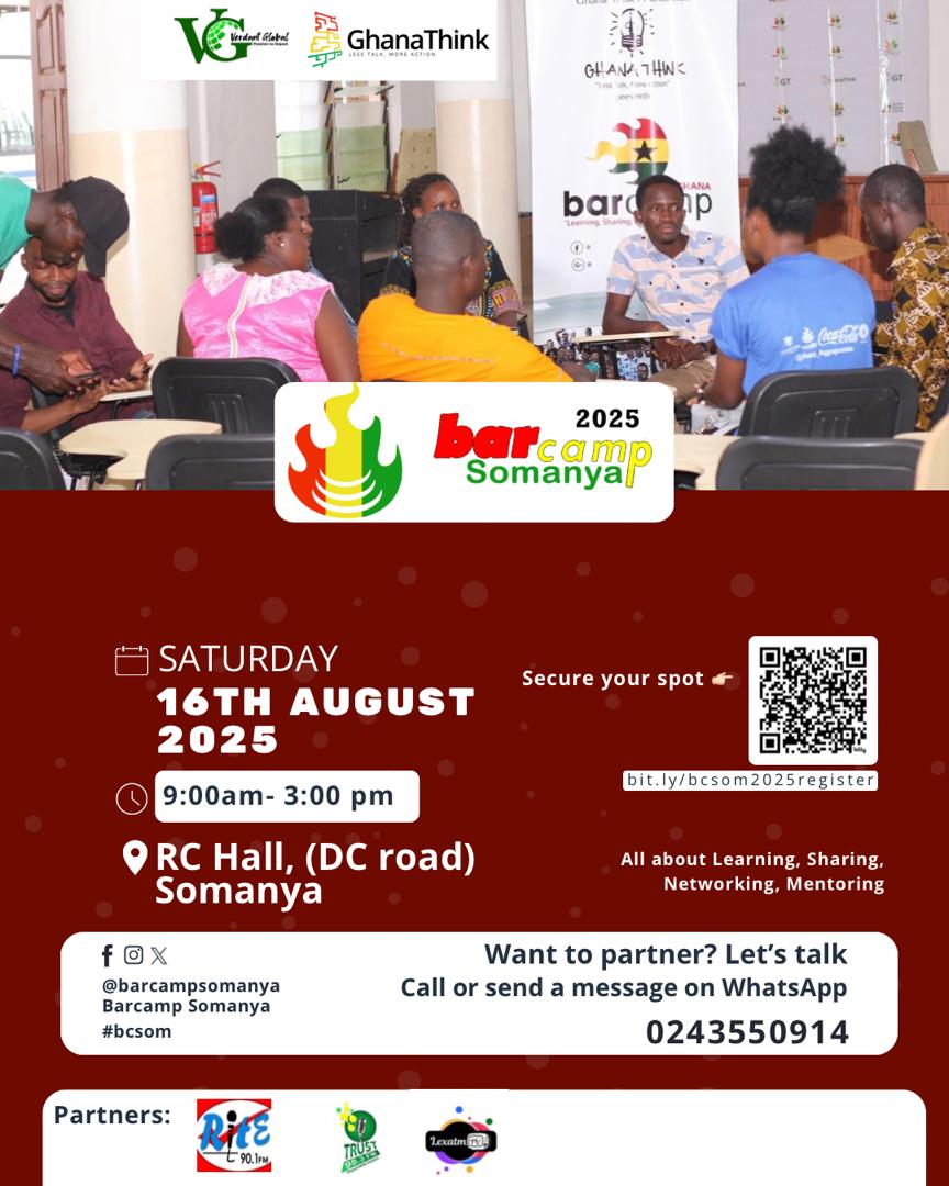 #BarcampSomanya 2025 is on Saturday, August 16 @ Roman Catholic Hall (DC road), #Somanya.
Register via  bit.ly/bcsom2025regis…
Quality innovations for community impact 
 #network #GetMentored #bcsom #SomanyaKonnect

<a href="/BarcampSomanya/">Barcamp Somanya #bcsom</a> is organized by: #VerdantGlobal &amp; #GhanaThink.