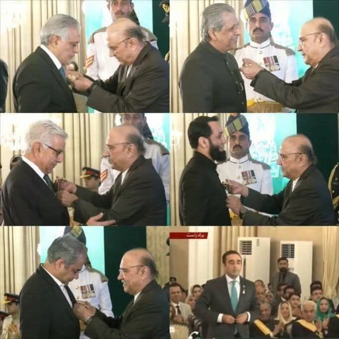 ان نمونوں کو کونسا تیر مارنے پر نشان پاکستان دیا جارہا ہے؟
انہوں نے سواِ پاکستان کو لوٹنے، آئین و قانون کی دھجیاں اُڑانے اور جعلی مینڈیٹ لیکر منتخب ہونے کے علاوہ کونسا کارنامہ انجام دیا ہے؟

ہائے میرے پیارے پاکستان یہ کن لوگوں کے ہاتھوں تو لُٹ رہا ہے😢
<a href="/SHABAZGIL/">Dr. Shahbaz GiLL</a> 
<a href="/ImranRiazKhan/">Imran Riaz Khan</a>