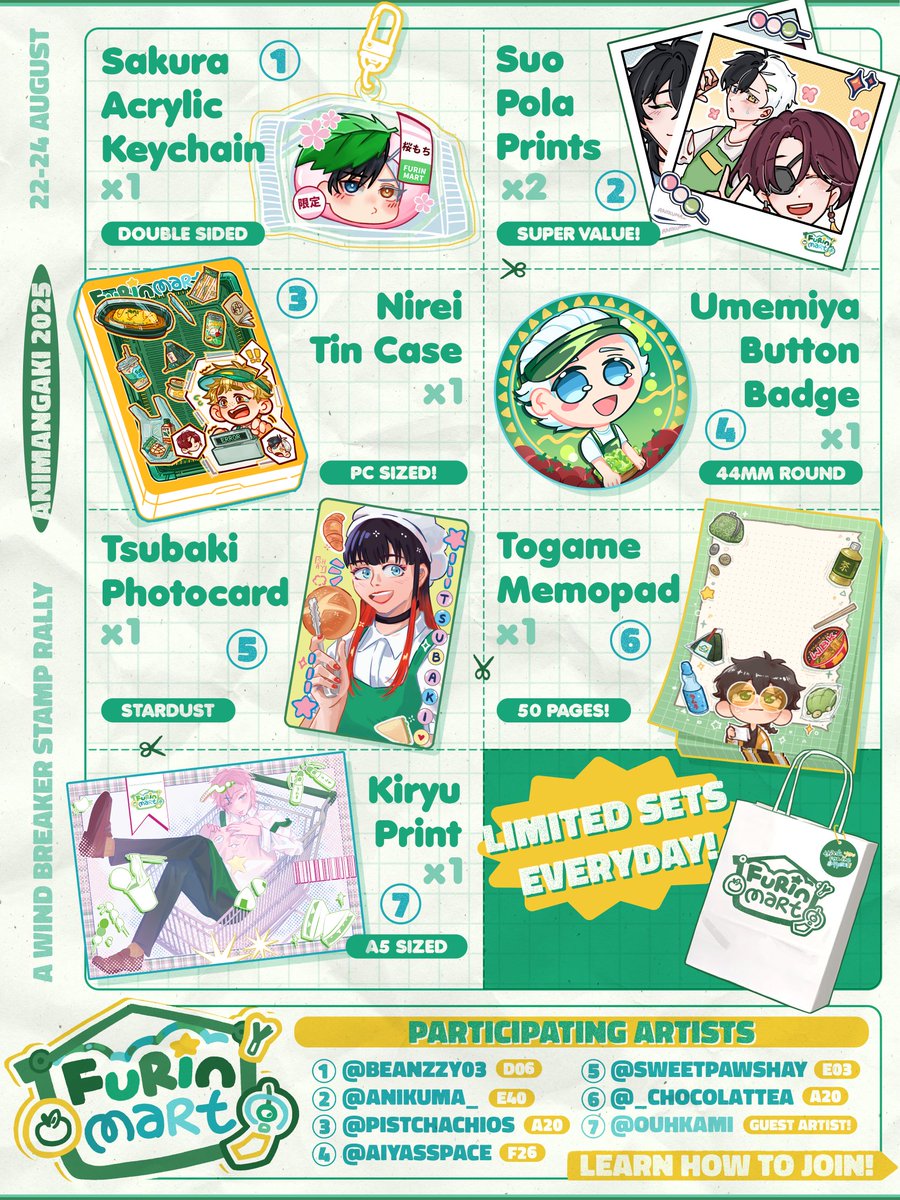 pistchachios's tweet photo. #FurinMart 🛒🎐: A Wind Breaker Stamp Rally @ AMG 2025 🍡

📢 "A-I-U-E-O!! " Come join our stamp rally happening at @animangaki 2025, and get a set of our mart-themed Wind Breaker merch collection! 

#amg2025 #animangaki #animangaki2025 #windbreaker #stamprally #furin https://t.co/qbbLtkO0VQ