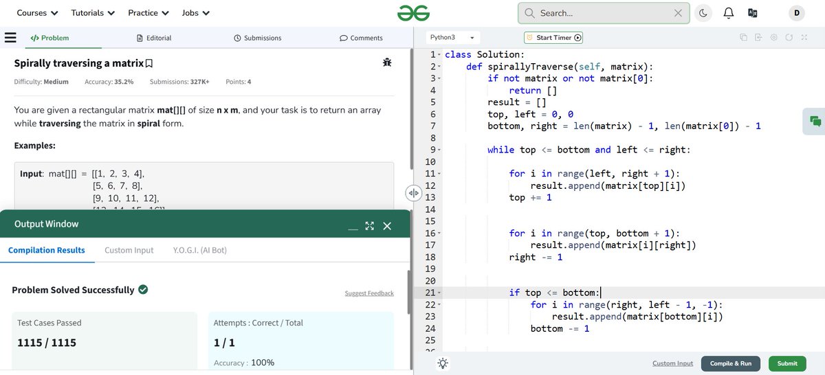 devanshu_siwach's tweet image. DAY-68 Today, I solved the Spirally traversing a matrix problem.
#letsconnect #pythonlearning #django #BackEndDeveloper #CommunitySupport #DSA